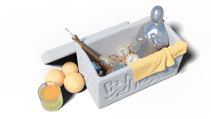 Render 3D d’una caixa de pedra amb Cristomonedes, una dolçaina, una imatge de la mare de Déu. Al costat de la caixa, hi ha tres taronges i un got amb suc de taronja.