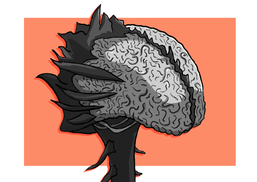 Il·lustració inspirada en l'Elder Brain de Baldur's Gate 3. Un cervell parcialment cobert per una espècie de closca amb espines. Al fons, un rectangle de color taronja.