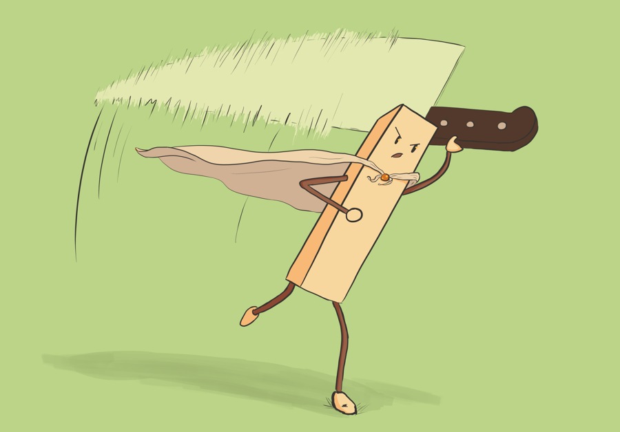 Il·lustració d'una pataca fregida amb capa que avança armada amb un ganivet de cuina.