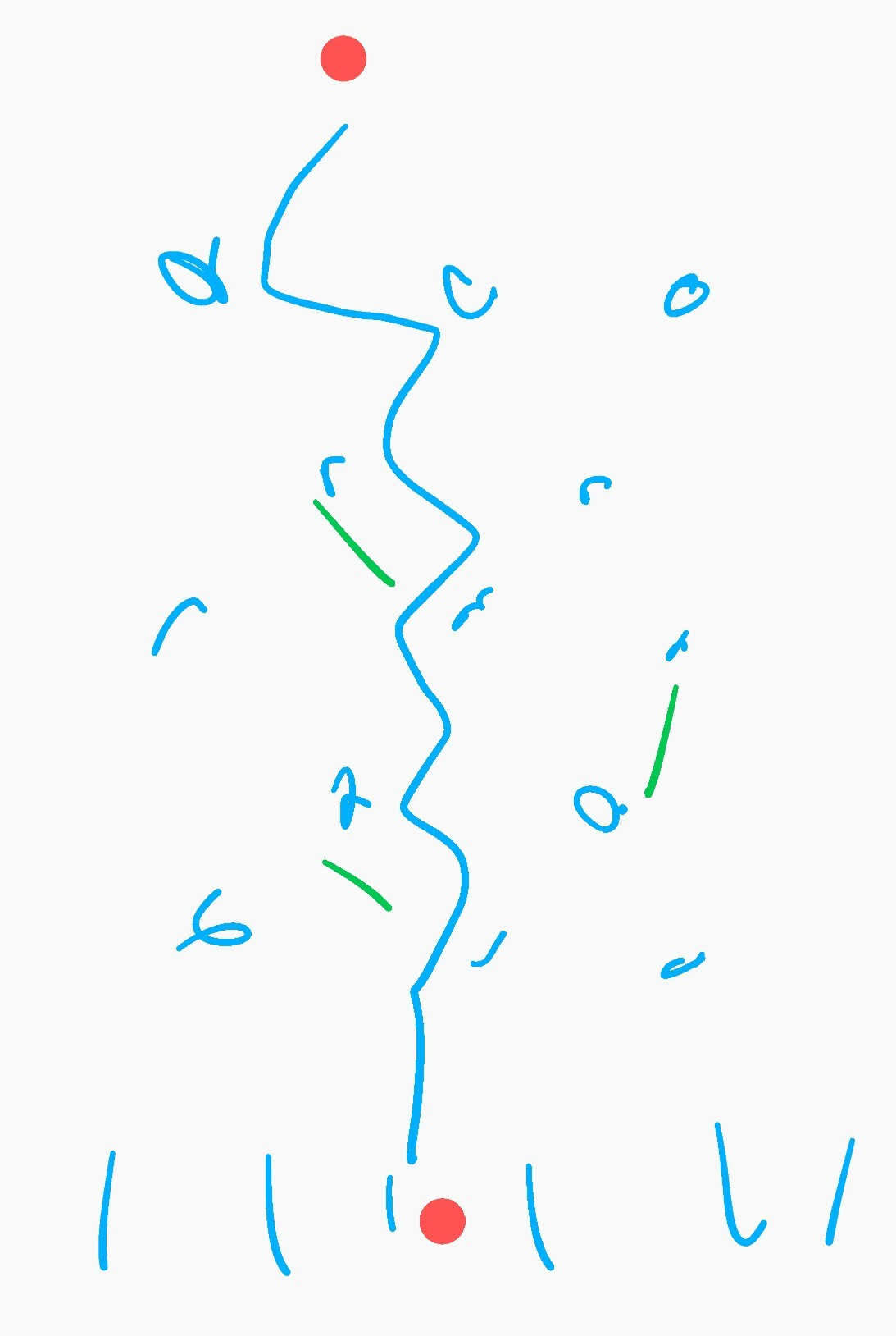 Una imatge amb fons blanc i alguns gargots. Hi ha dos cercles rojos: un en la part de dalt i un altre en la part de baix. També hi ha una línia blava que fa ziga-zaga de dalt a baix.