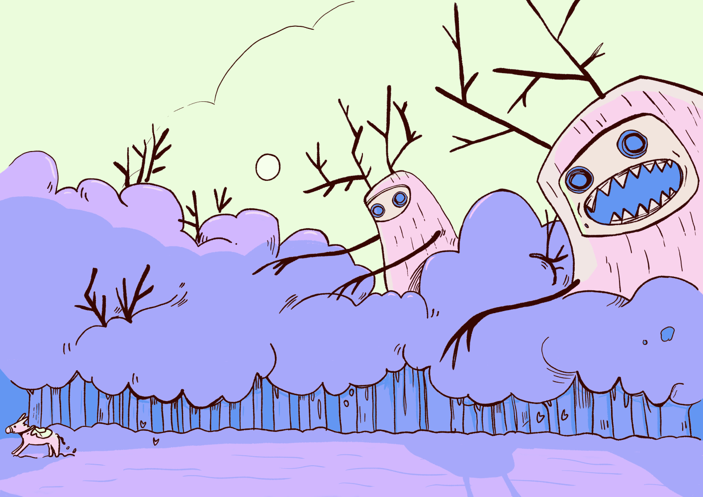 Il·lustració de Sara Bellés colorejada per un xiquet de 33 anys. Dos monstres gegants sobreïxen per dalt dels arbres d’un bosc. En primer pla, una burra corre.