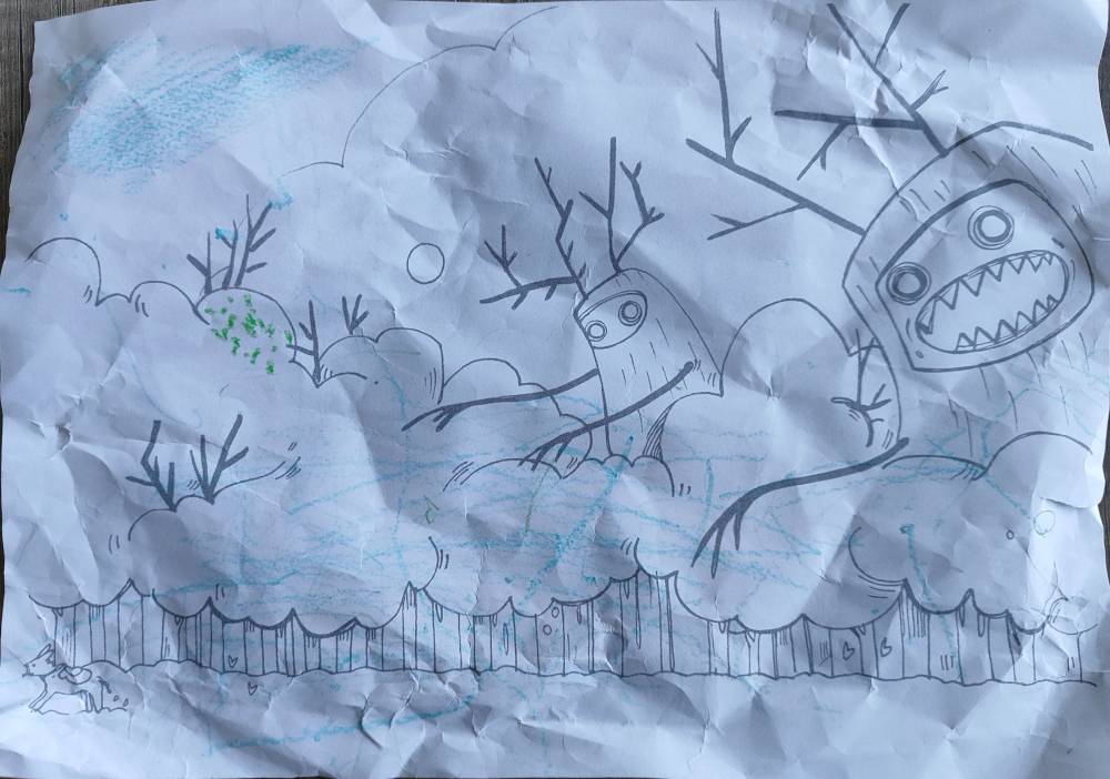 Il·lustració de Sara Bellés colorejada per una xiqueta d&rsquo;un any. Dos monstres gegants sobreïxen per dalt dels arbres d’un bosc. En primer pla, una burra corre.