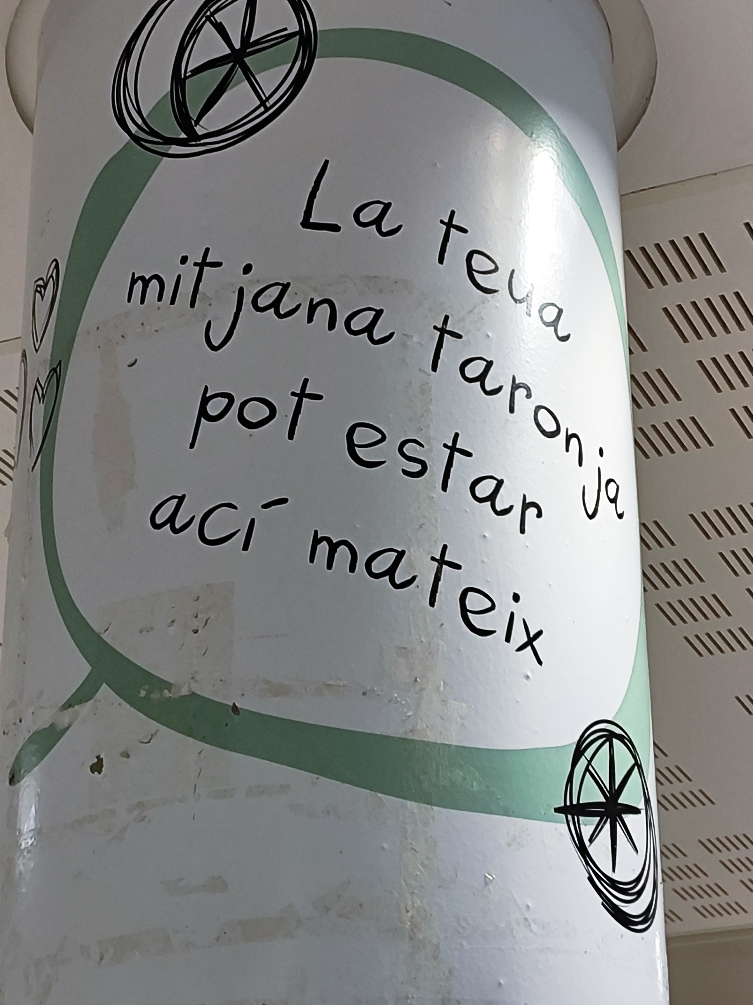 El missatge 'La teua mitjana taronja pot estar ací mateix' pintat en una de les columnes de la Zona Carmanyola de la facultat d'humanes de l'UJI.