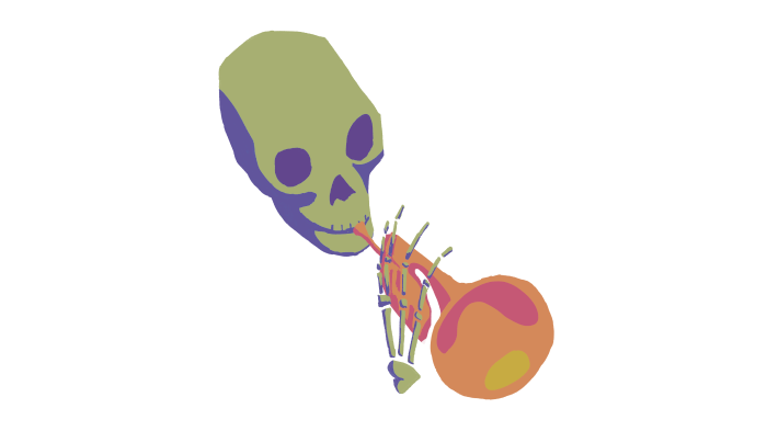 Il·lustració del meme conegut com a skull trumpet. Es tracta d’un esquelet tocant la trompeta.
