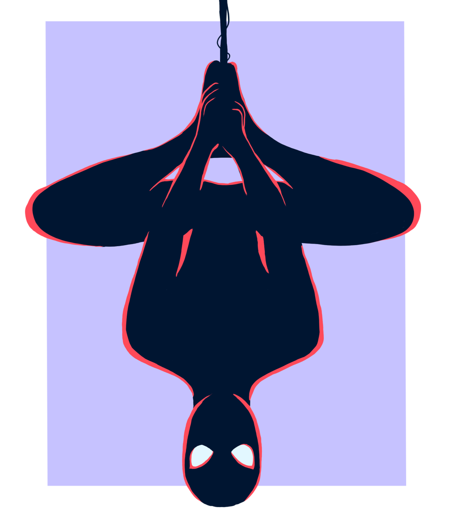 Il·lustració de Spider-Man penjat de cap per avall d'un fil d'aranya. La silueta del personatge és de color blau fosc amb detalls i contorns rojos i els ulls blancs. Al fons, un rectangle de color lila clar.
